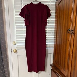 SHEIN Burgundy Midi Dress with Ruffle Sleeves